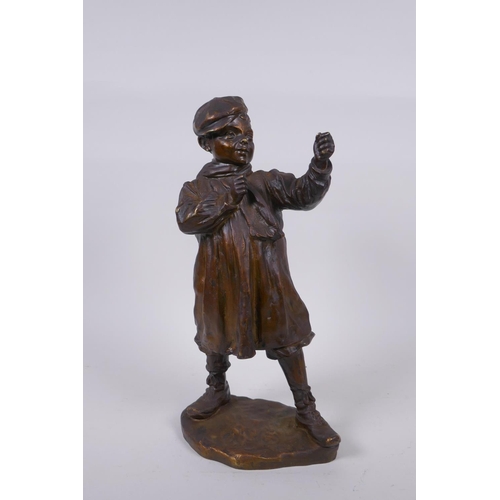 17 - After Jose Cardona (Spanish, 1878-1923), boy with a slingshot, antique bronze, signed, lacks sling, ... 