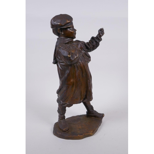 17 - After Jose Cardona (Spanish, 1878-1923), boy with a slingshot, antique bronze, signed, lacks sling, ... 