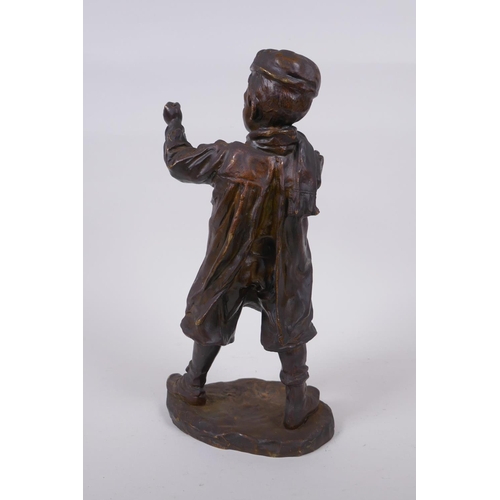 17 - After Jose Cardona (Spanish, 1878-1923), boy with a slingshot, antique bronze, signed, lacks sling, ... 