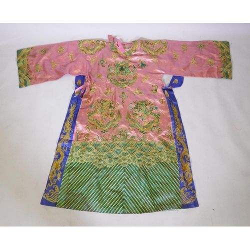 19 - A Chinese late Qing embroidered silk dragon robe, with gilt thread highlights, 192 x 146cm