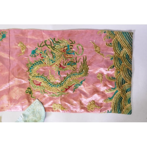 19 - A Chinese late Qing embroidered silk dragon robe, with gilt thread highlights, 192 x 146cm