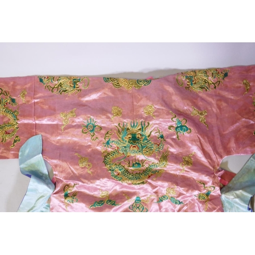 19 - A Chinese late Qing embroidered silk dragon robe, with gilt thread highlights, 192 x 146cm