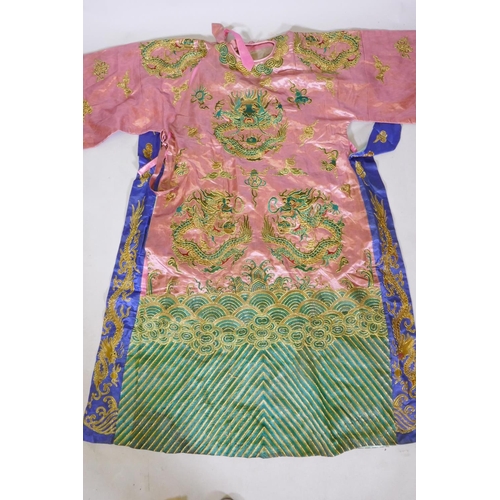 19 - A Chinese late Qing embroidered silk dragon robe, with gilt thread highlights, 192 x 146cm