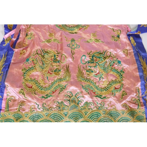 19 - A Chinese late Qing embroidered silk dragon robe, with gilt thread highlights, 192 x 146cm