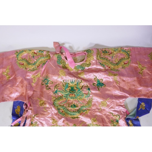 19 - A Chinese late Qing embroidered silk dragon robe, with gilt thread highlights, 192 x 146cm