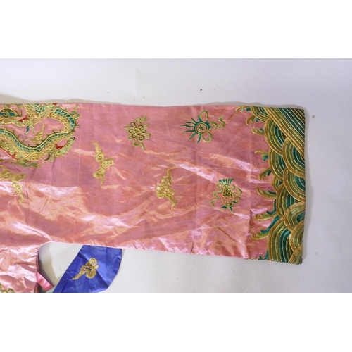 19 - A Chinese late Qing embroidered silk dragon robe, with gilt thread highlights, 192 x 146cm