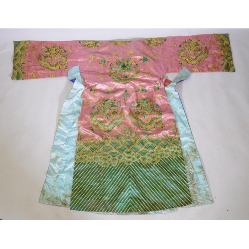 19 - A Chinese late Qing embroidered silk dragon robe, with gilt thread highlights, 192 x 146cm