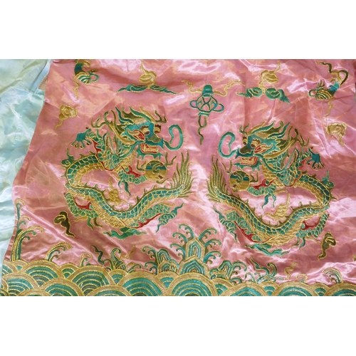 19 - A Chinese late Qing embroidered silk dragon robe, with gilt thread highlights, 192 x 146cm