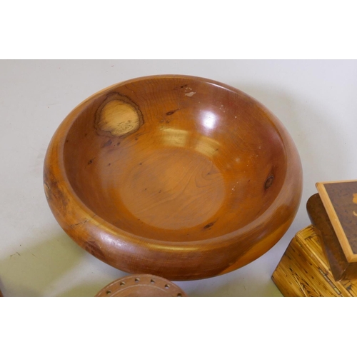 21 - A collection of treen, carved wood bowl, boxes etc, a marquetry bowl, 27cm diameter, box of the nati... 