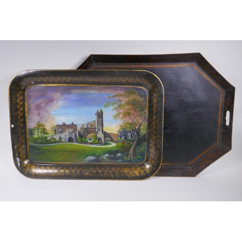 214 - A Toleware tray with painted decoration of a rural ruin, and another larger, 76 x 54cm