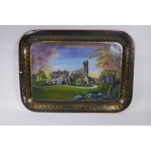 214 - A Toleware tray with painted decoration of a rural ruin, and another larger, 76 x 54cm