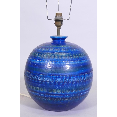 3 - A mid century blue glazed pottery table lamp, possibly Bitossi, by Aldo Londi, 35cm high