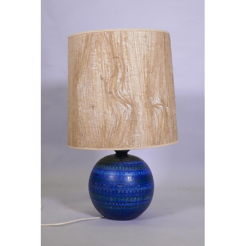 3 - A mid century blue glazed pottery table lamp, possibly Bitossi, by Aldo Londi, 35cm high