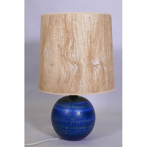 3 - A mid century blue glazed pottery table lamp, possibly Bitossi, by Aldo Londi, 35cm high