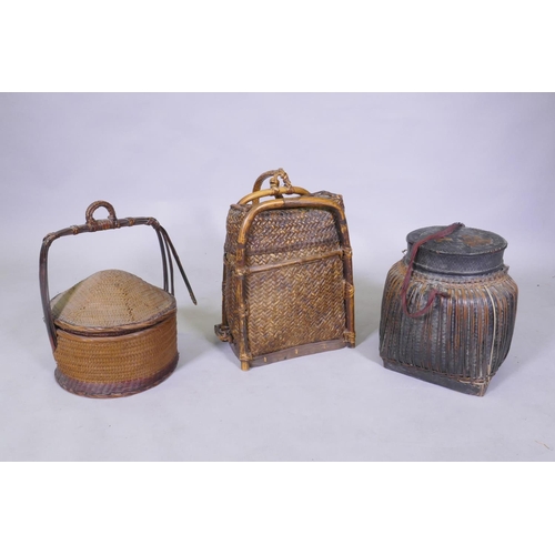 42 - Two antique oriental wicker food baskets and a similar back pack, largest 40cm high