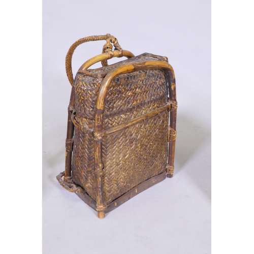 42 - Two antique oriental wicker food baskets and a similar back pack, largest 40cm high