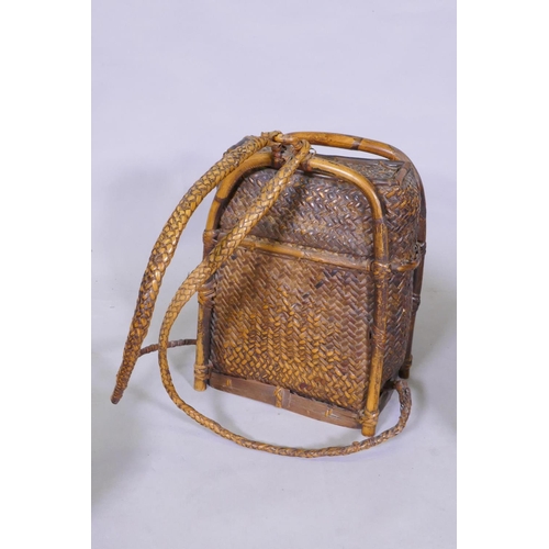 42 - Two antique oriental wicker food baskets and a similar back pack, largest 40cm high