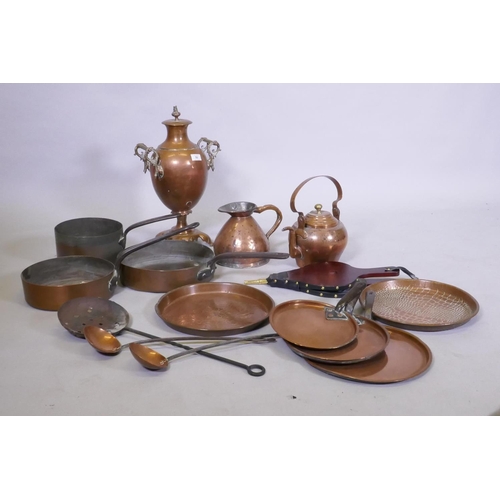 50 - A quantity of copper cooking pots, trays, kettle jug and samovar, AF