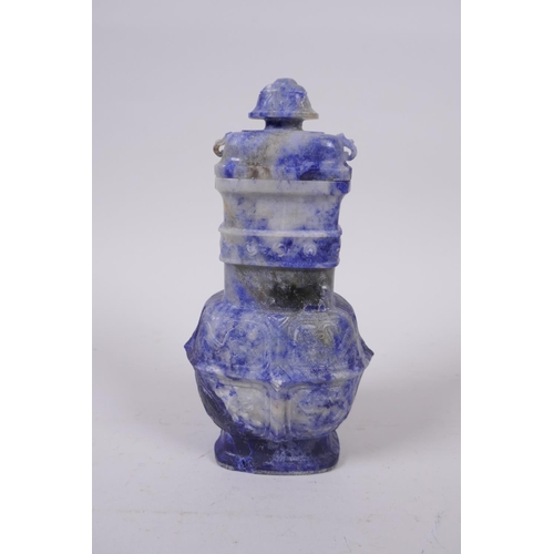 52 - A Japanese carved lapis lazuli koro and cover, 18cm high