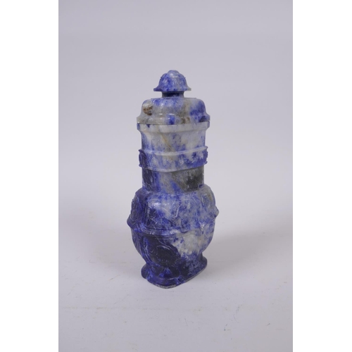 52 - A Japanese carved lapis lazuli koro and cover, 18cm high