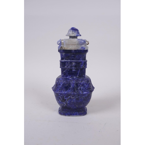 52 - A Japanese carved lapis lazuli koro and cover, 18cm high