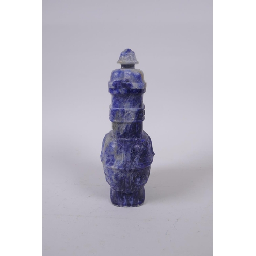 52 - A Japanese carved lapis lazuli koro and cover, 18cm high