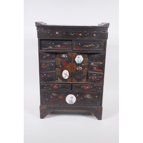 69 - A Japanese Meiji period lacquer table top shodhana with inset porcelain panels, 31 x 14cm, 47cm high