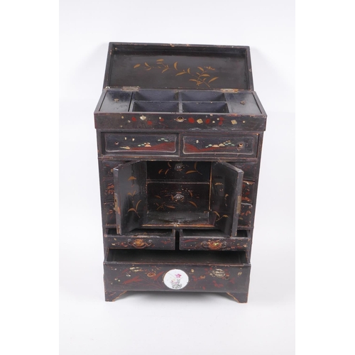 69 - A Japanese Meiji period lacquer table top shodhana with inset porcelain panels, 31 x 14cm, 47cm high