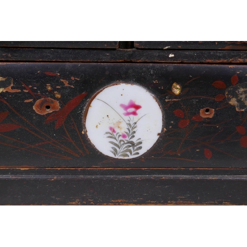 69 - A Japanese Meiji period lacquer table top shodhana with inset porcelain panels, 31 x 14cm, 47cm high