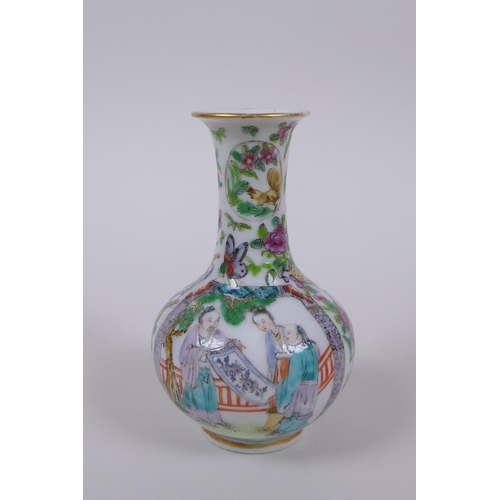 70 - A Chinese famille verte porcelain stem vase decorated with figures in landscape, and chickens, 10cm ... 