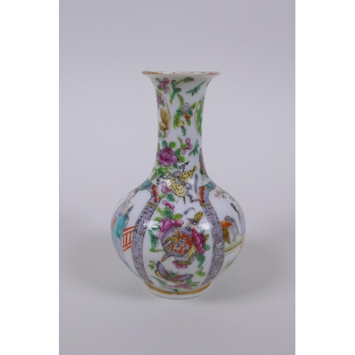 70 - A Chinese famille verte porcelain stem vase decorated with figures in landscape, and chickens, 10cm ... 