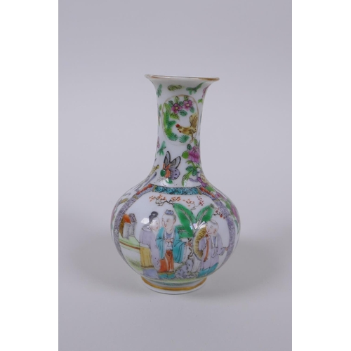 70 - A Chinese famille verte porcelain stem vase decorated with figures in landscape, and chickens, 10cm ... 