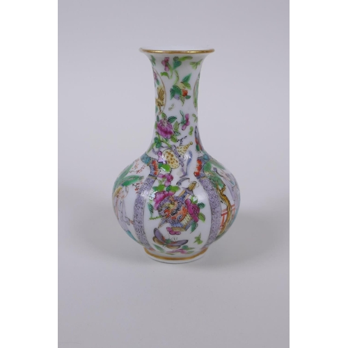 70 - A Chinese famille verte porcelain stem vase decorated with figures in landscape, and chickens, 10cm ... 