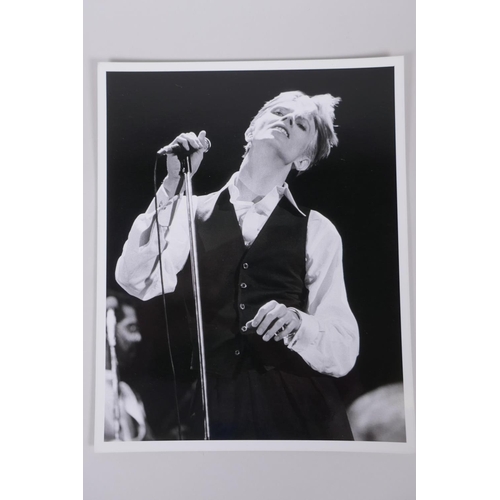 75 - A collection of five black and white press photographs of David Bowie circa 1976, including one by M... 