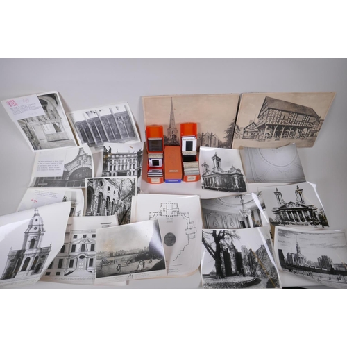 82 - A quantity of vintage black and white architectural photographs and slides, largest 30 x 21cm