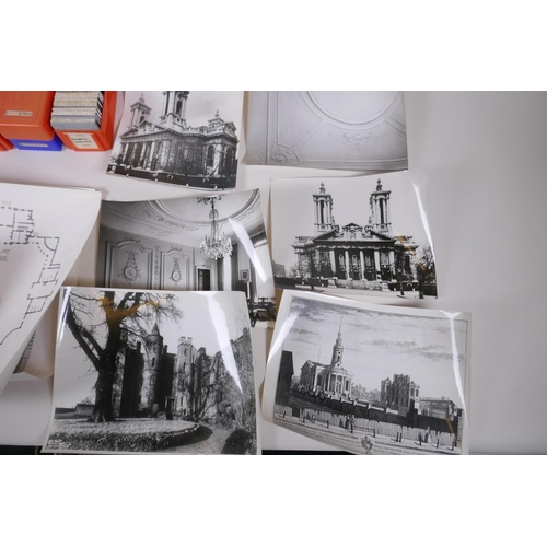 82 - A quantity of vintage black and white architectural photographs and slides, largest 30 x 21cm