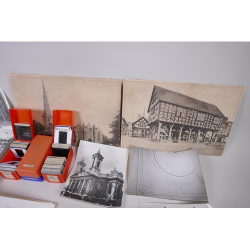 82 - A quantity of vintage black and white architectural photographs and slides, largest 30 x 21cm