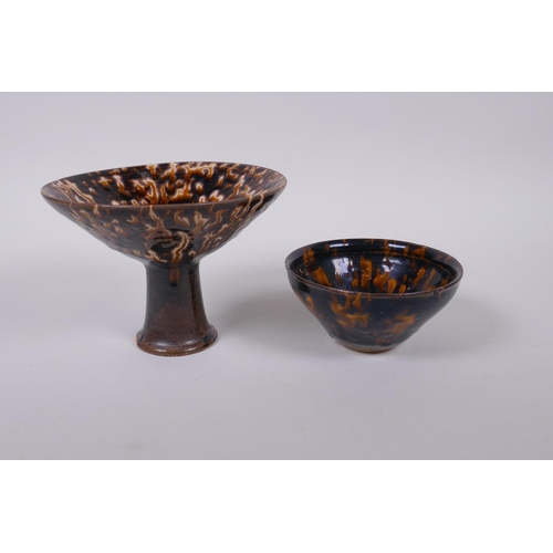 91 - A Chinese Jizhou Kiln stem bowl with tortoise shell glaze, and a similar bowl, 12cm high