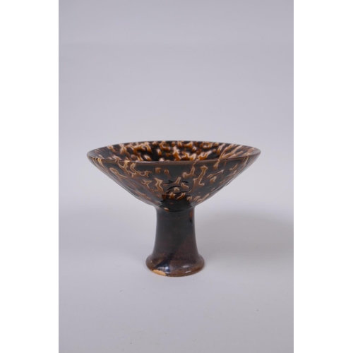 91 - A Chinese Jizhou Kiln stem bowl with tortoise shell glaze, and a similar bowl, 12cm high