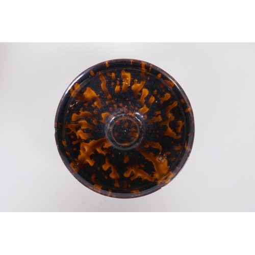 91 - A Chinese Jizhou Kiln stem bowl with tortoise shell glaze, and a similar bowl, 12cm high