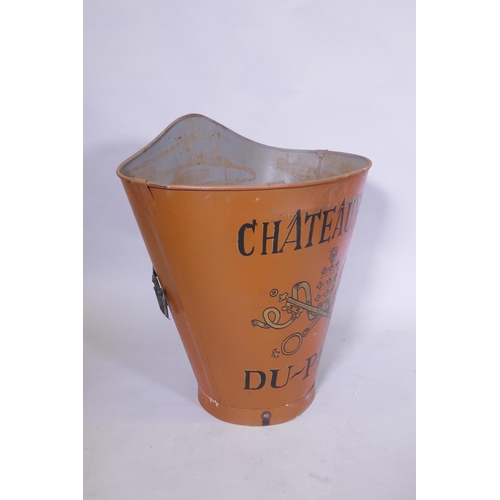 92 - A French style orange painted metal grape picker's hopper, decorated with a Chateau Neuf du Pape des... 