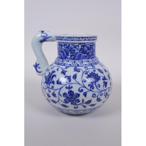 97 - A Chinese blue and white porcelain wine jar with scrolling lotus flower decoration, 4 character mark... 