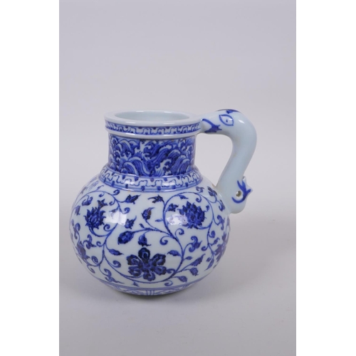 97 - A Chinese blue and white porcelain wine jar with scrolling lotus flower decoration, 4 character mark... 