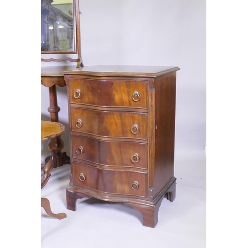 1113 - A small mahogany serpentine front chest of four drawers, a Victorian rosewood occasional table, toil... 