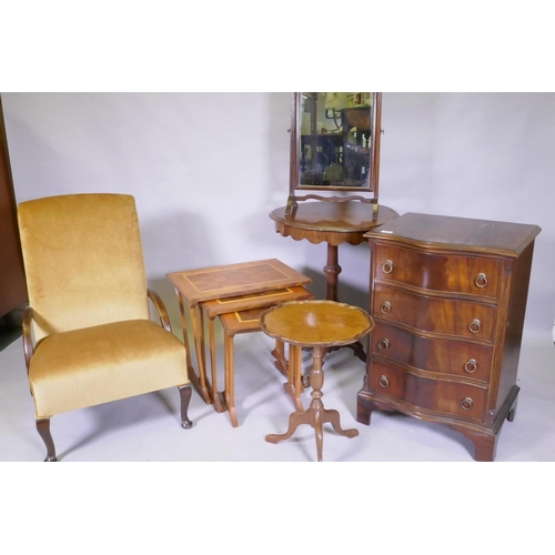 1113 - A small mahogany serpentine front chest of four drawers, a Victorian rosewood occasional table, toil... 