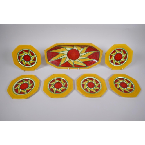 1 - A 1920s Clarice Cliff Original Bizarre porcelain sandwich set, comprising a 334 shape sandwich tray ... 