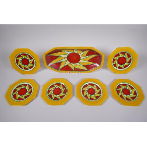 1 - A 1920s Clarice Cliff Original Bizarre porcelain sandwich set, comprising a 334 shape sandwich tray ... 