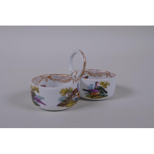 10 - A C19th Meissen porcelain double salt with loop handle and hand painted bird decoration, mark to bas... 