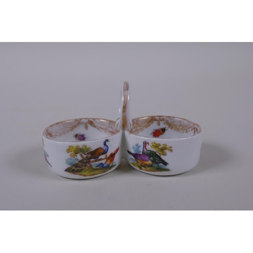 10 - A C19th Meissen porcelain double salt with loop handle and hand painted bird decoration, mark to bas... 