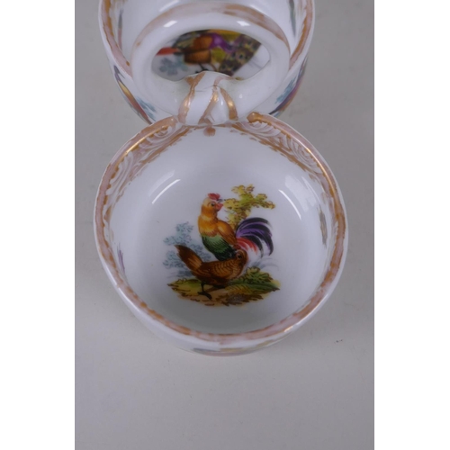 10 - A C19th Meissen porcelain double salt with loop handle and hand painted bird decoration, mark to bas... 